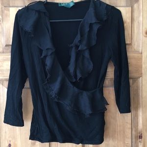 Ralph Lauren black ruffled v neck 3 quarters shirt